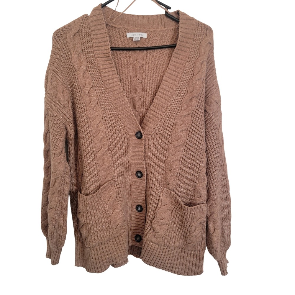 American Eagle Tan Cable Knit Oversized Cardigan Sweater Small Cottagecore Relax